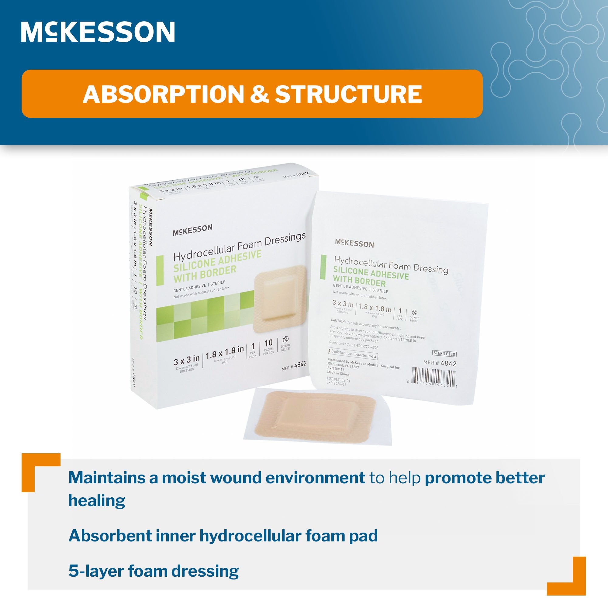 McKesson Silicone Adhesive with Border Silicone Foam Dressing, 3 x 3 Inch-Foam Dressing McKesson 3 X 3 Inch With Border Film Backing Silicone Gel Adhesive Square Sterile