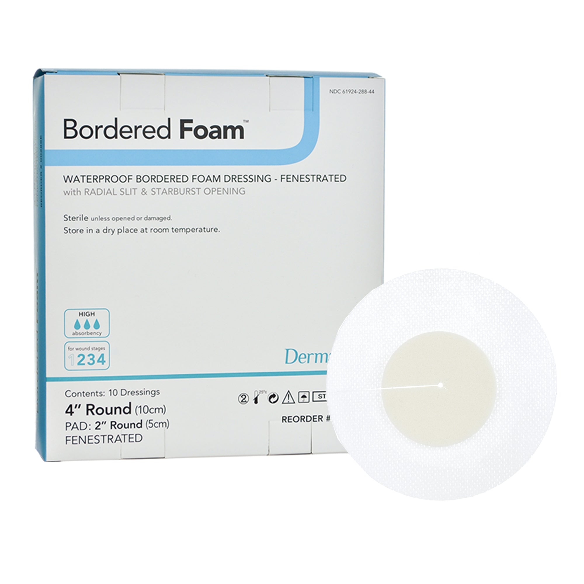 BorderedFoam Adhesive with Border Foam Dressing, 4-Inch Round-Foam Dressing BorderedFoam 4 Inch Diameter With Border Waterproof Backing Nonacrylic Adhesive Fenestrated Round Sterile