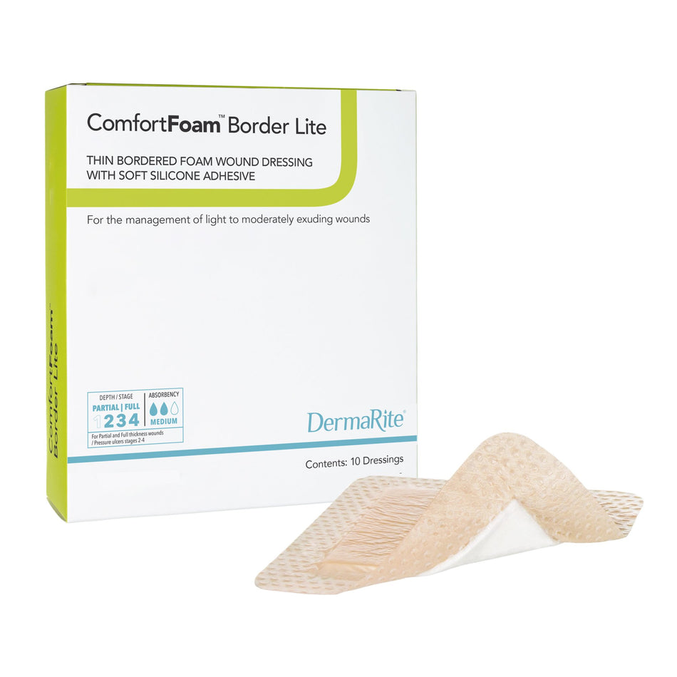 ComfortFoam� Border Lite Silicone Adhesive with Border Thin Silicone Foam Dressing, 2 x 2 Inch-Thin Foam Dressing ComfortFoam� Border Lite 2 X 2 Inch With Border Waterproof Backing Silicone Adhesive Square Sterile