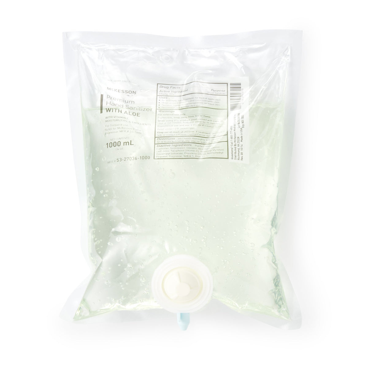McKesson Gel Hand Sanitizer with Aloe 1000 mL-"Hand Sanitizer with Aloe McKesson 1,000 mL Ethyl Alcohol Gel Dispenser Refill Bag"