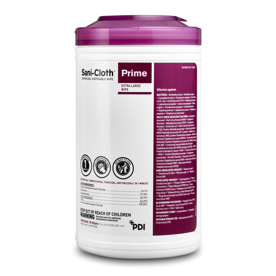 Sani-Cloth Prime Extra Large Germicidal Disinfectant Wipes, Canister-Sani-Cloth Prime Surface Disinfectant Cleaner Premoistened Germicidal Manual Pull Wipe 70 Count Canister Alcohol Scent NonSterile