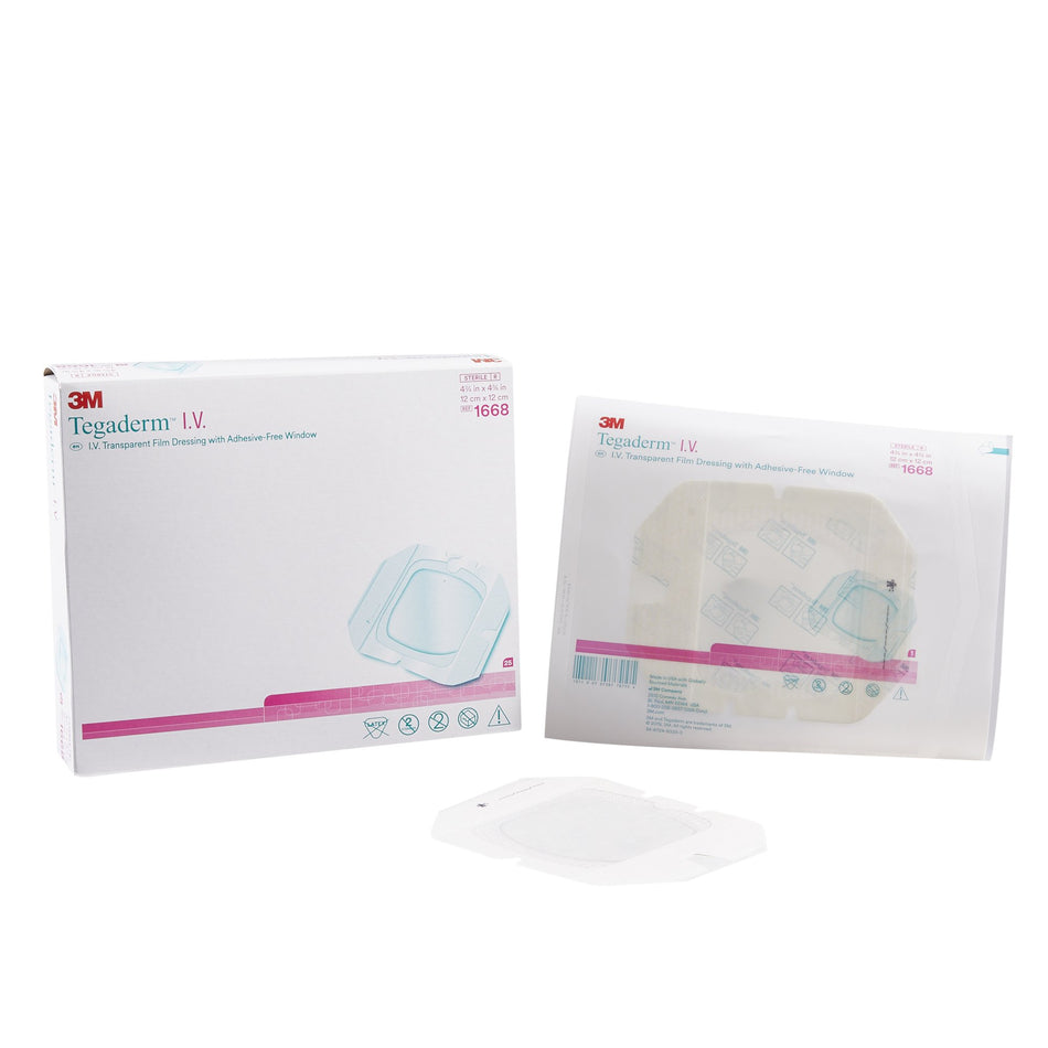 3M� Tegaderm� I.V. Transparent Film Dressing with Adhesive-Free Window, 4�x 4� Inch-I.V. Dressing 3M� Tegaderm� Film 4-3/4 X 4-3/4 Inch Sterile