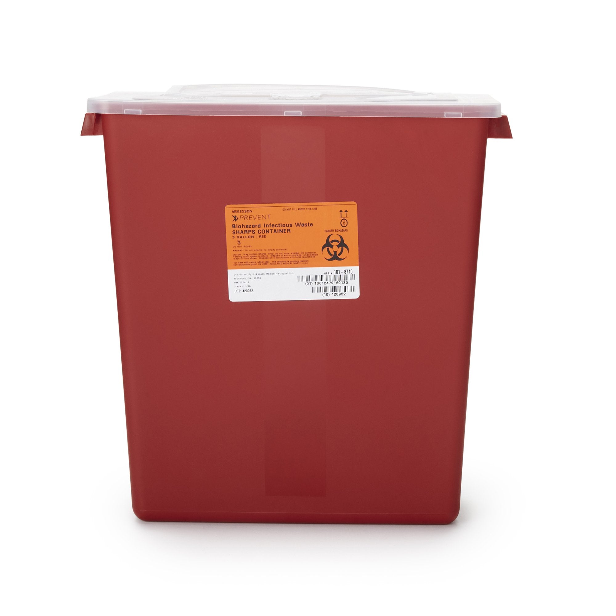 McKesson Prevent Multi-purpose Sharps Container, 3 Gallon, 13-1/2 x 12-1/2 x 6 Inch-Sharps Container McKesson Red Base 13-1/2 H X 12-1/2 W X 6 D Inch Horizontal Entry 3 Gallon