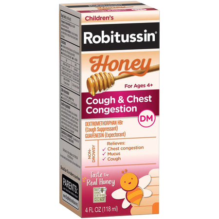 Robitussin Children's Honey Cough & Chest Congestion DM Liquid, 4-ounce bottle-Cold and Cough Relief 4 oz.