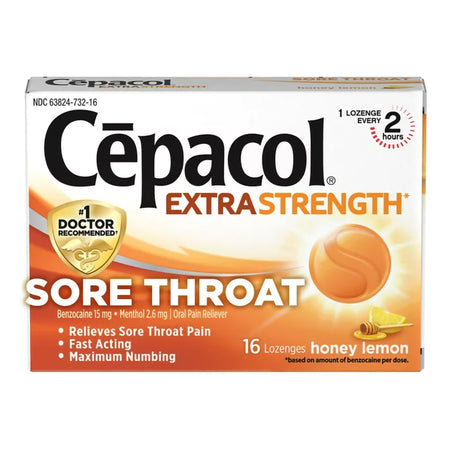 Cepacol Extra Strength Benzocaine / Menthol Sore Throat Relief-Sore Throat Relief Cepacol Extra Strength 15 mg - 2.6 mg Strength Lozenge 16 per Box