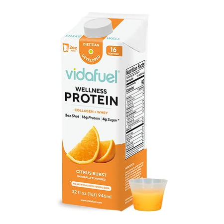 Vidafuel Wellness Protein Drink with Collagen and Whey, Orange Burst Flavor-Oral Supplement Vida Fuel Wellness Protein Citrus Burst Flavor Liquid 32 oz. Reclosable Carton