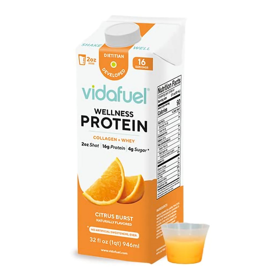 Vidafuel Wellness Protein Drink with Collagen and Whey, Orange Burst Flavor-Oral Supplement Vida Fuel Wellness Protein Citrus Burst Flavor Liquid 32 oz. Reclosable Carton