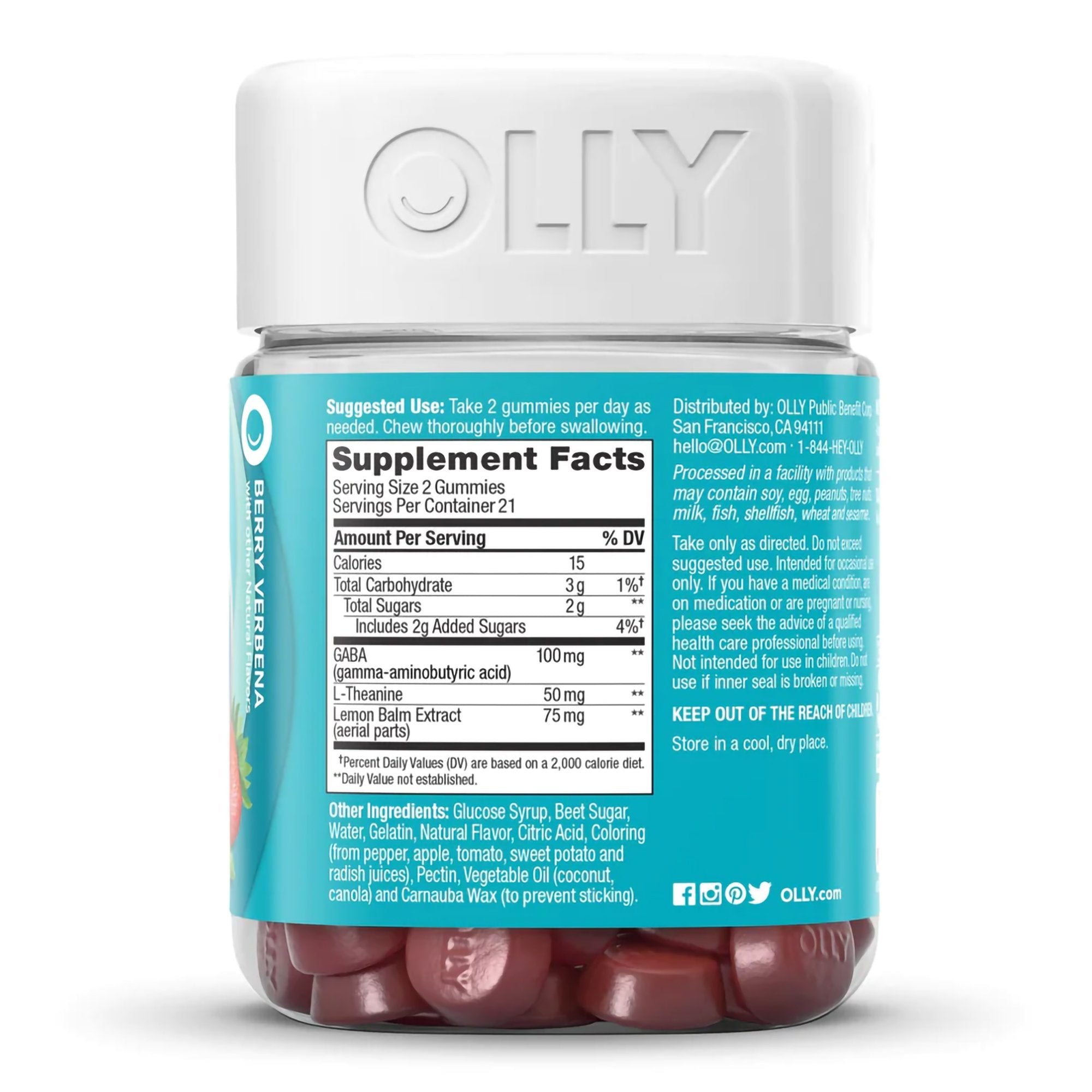 Olly Goodbye Stress Gummies, Berry Verbena-Dietary Supplement OLLY Goodbye Stress GABA / L-Theanine / Lemon Balm Extract 100 mg - 50 mg - 75 mg Strength Gummy 42 per Bottle Berry Verbena Flavor