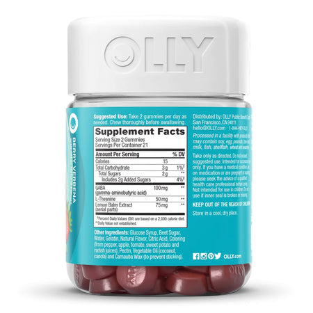 Olly Goodbye Stress Gummies, Berry Verbena-Dietary Supplement OLLY Goodbye Stress GABA / L-Theanine / Lemon Balm Extract 100 mg - 50 mg - 75 mg Strength Gummy 42 per Bottle Berry Verbena Flavor