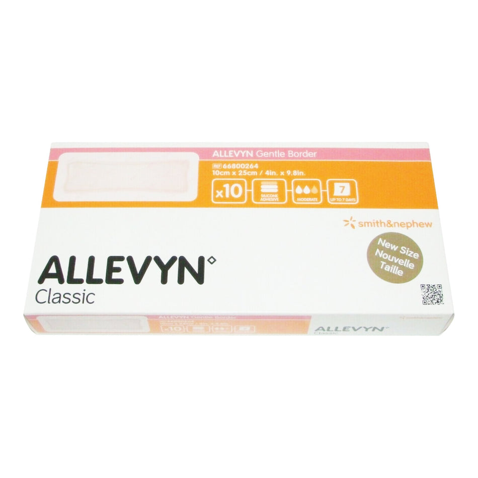 Allevyn Gentle Border Silicone Foam Dressing, 4 x 10 Inch-Foam Dressing Allevyn Gentle Border 4 X 10 Inch With Border Film Backing Silicone Gel Adhesive Rectangle Sterile