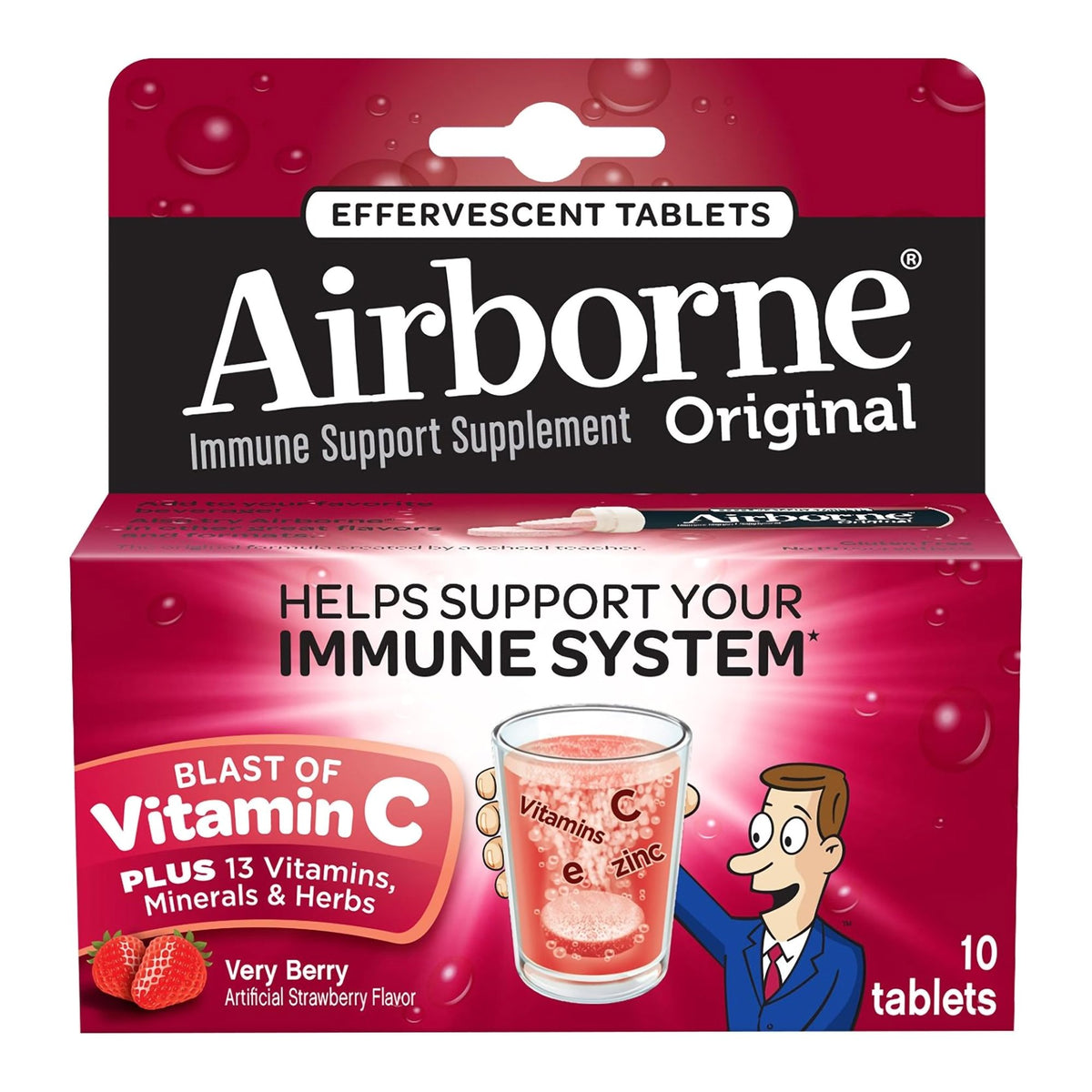 Airborne Original Immune Support Supplement Effervescent Tablets, Very Berry Artificial Strawberry Flavor-Multivitamin Supplement Airborne Immune Support Vitamin A / Ascorbic Acid 149 mg Strength Tablet 10 per Box Very Berry Flavor