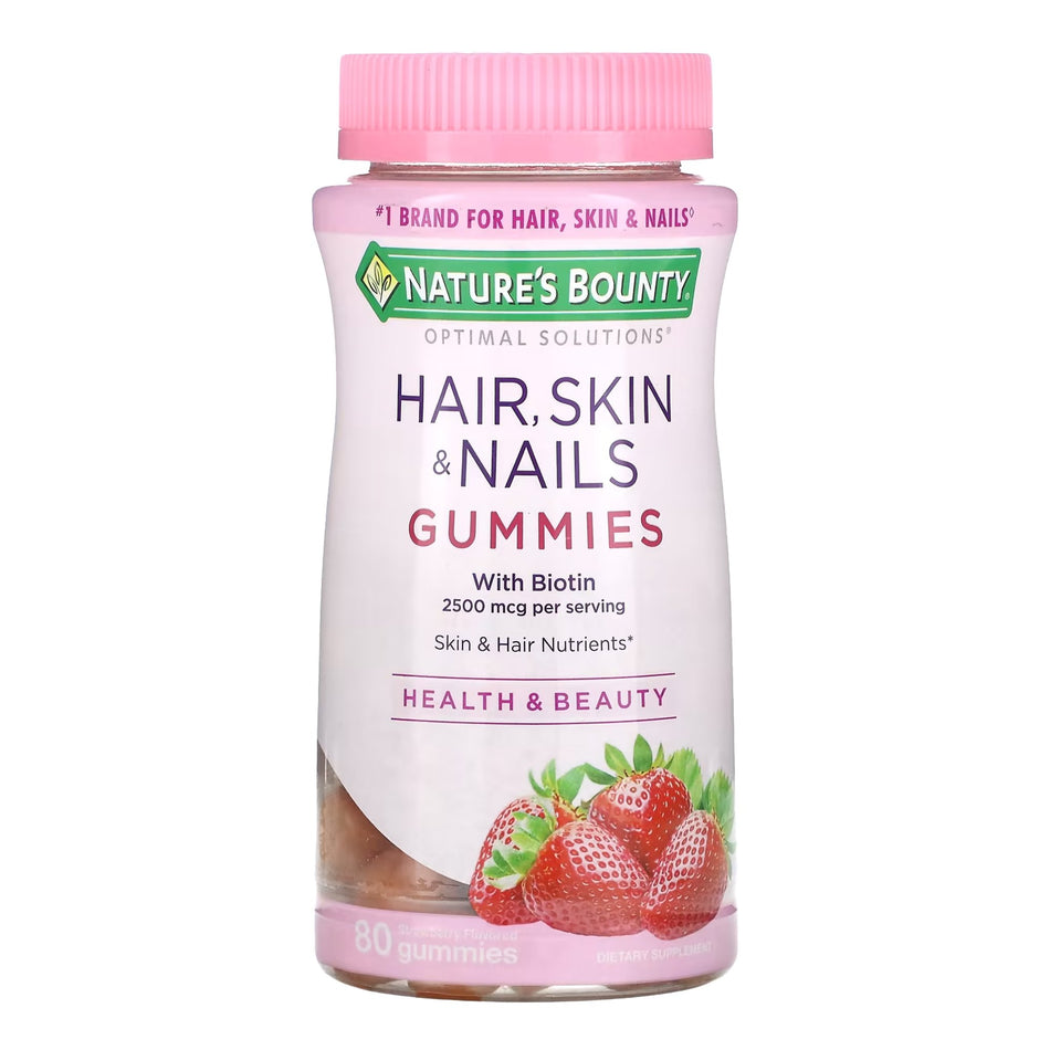 Nature's Bounty Optimal Solutions Hair, Skin & Nails With Biotin Strawberry Flavor Gummies-Skin / Hair Supplement Nature's Bounty Gummy 80 per Bottle