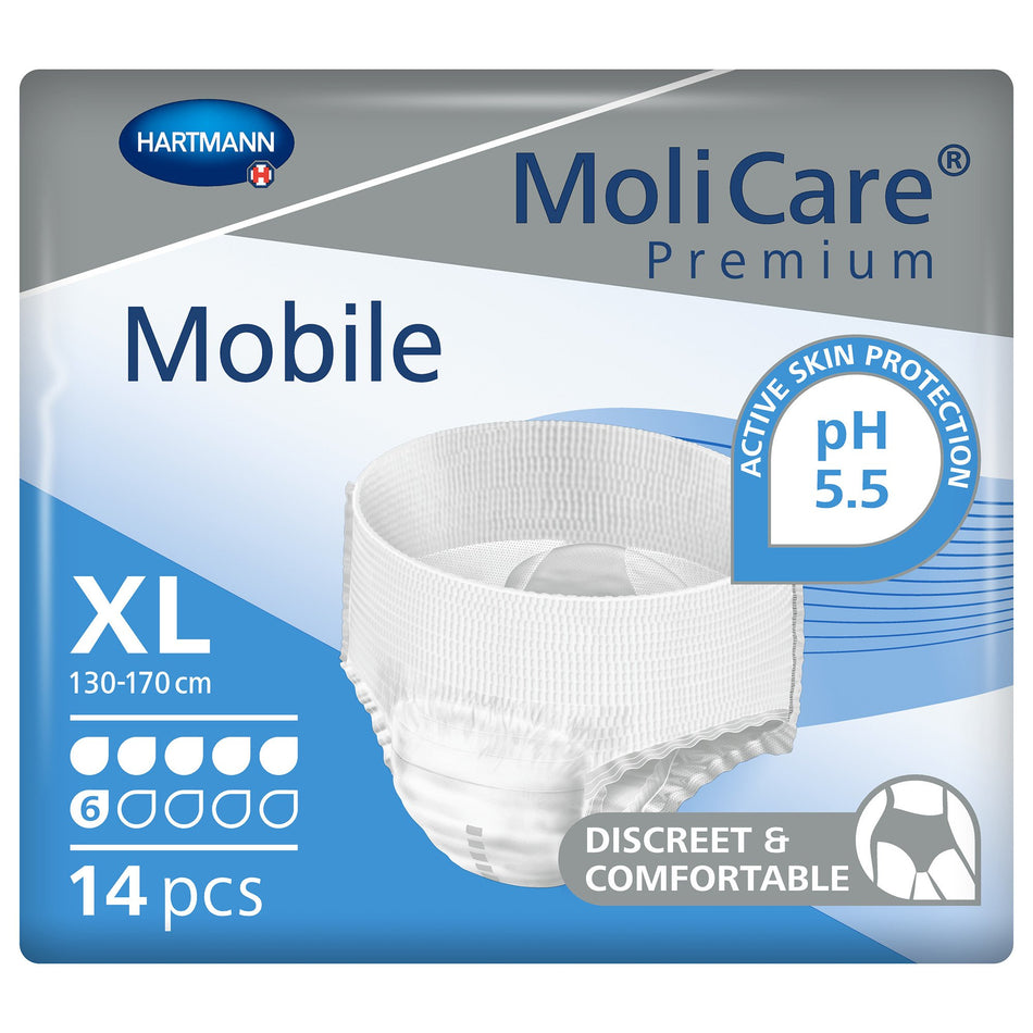 MoliCare Premium Mobile 6 Drop Absorbency Incontinence Underwear, Extra Large-Unisex Adult Absorbent Underwear MoliCare Premium Mobile 6D Pull On with Tear Away Seams X-Large Disposable Moderate Absorbency