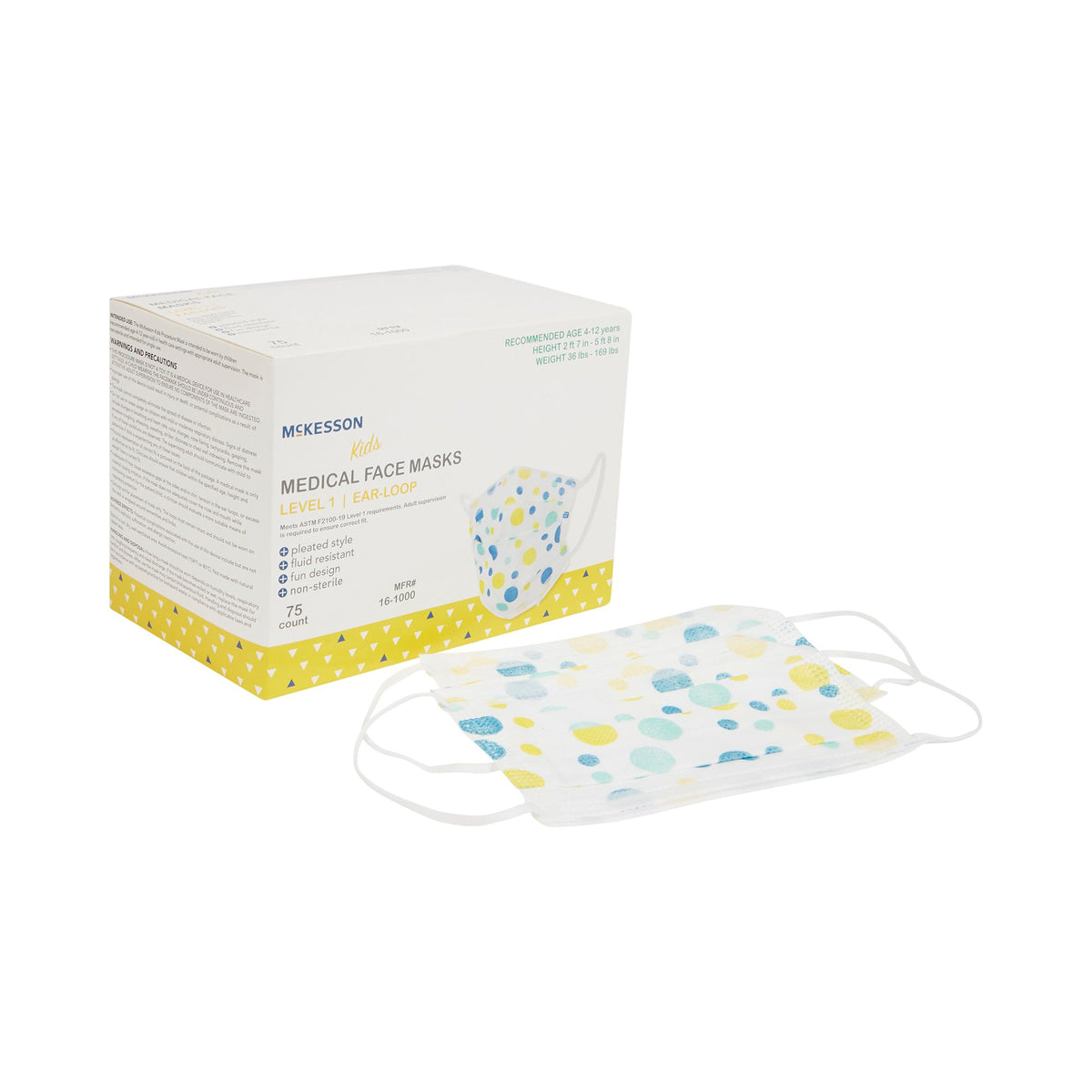 McKesson Pediatric Procedure Mask, Blue and Yellow Polka Dot-Procedure Mask McKesson ASTM Level 1 Earloops Child Size