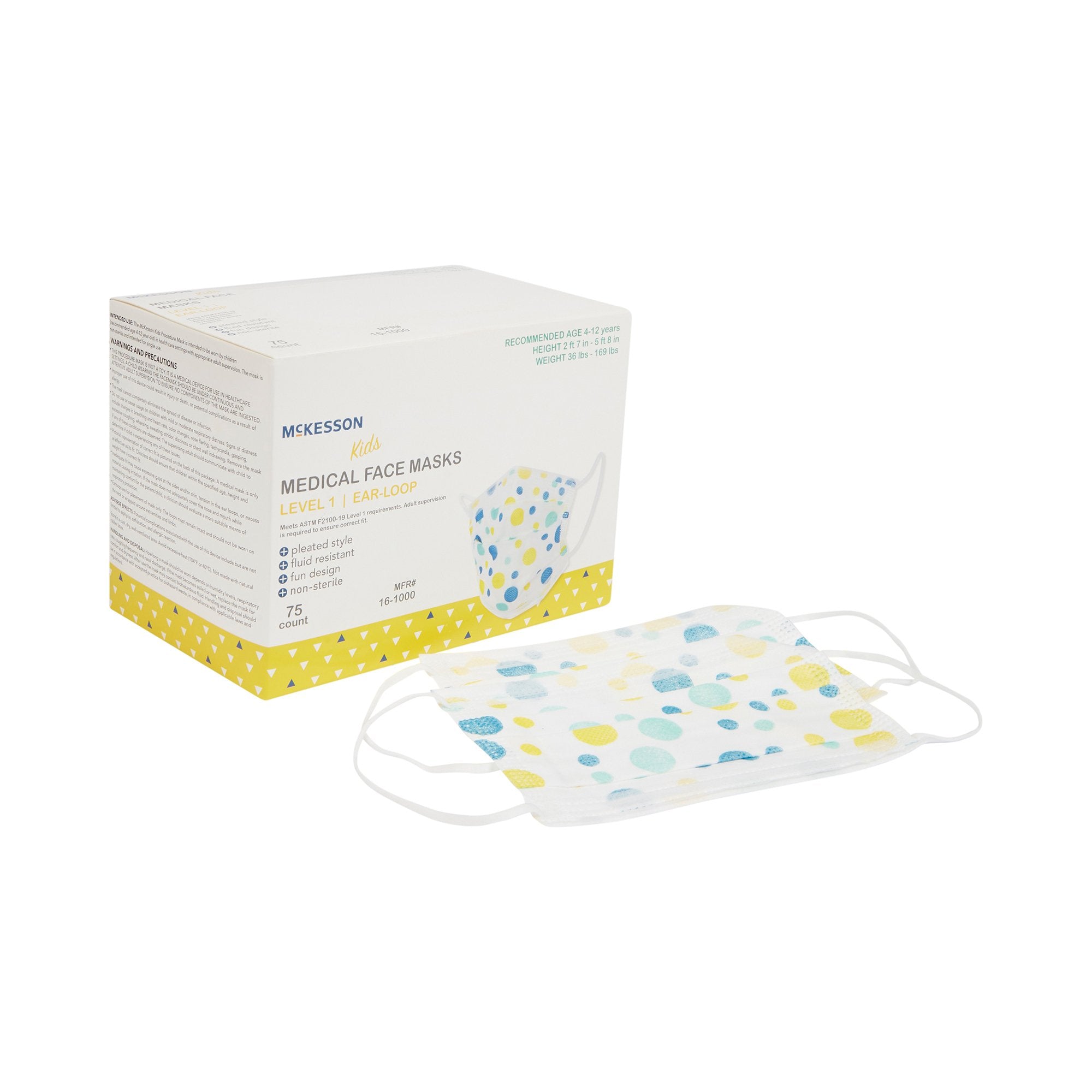 McKesson Pediatric Procedure Mask, Blue and Yellow Polka Dot-Procedure Mask McKesson ASTM Level 1 Earloops Child Size