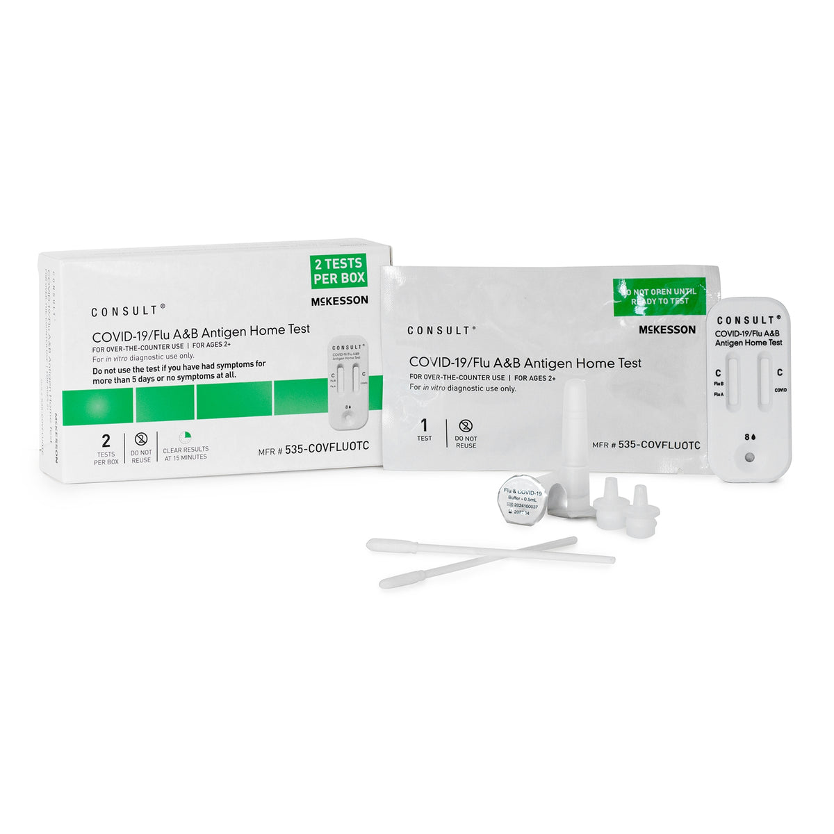 Respiratory Test Kit McKesson Consult® COVID-19 / Flu A&B Antigen Home Test (OTC) 2 Tests CLIA Waived