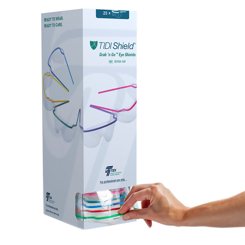 TIDIShield Grab 'n Go Eye Shields with Dispenser-Protective Glasses with Dispenser TIDIShield Grab 'n Go Wraparound Clear Tint Assorted Color Frames Over Ear One Size Fits Most