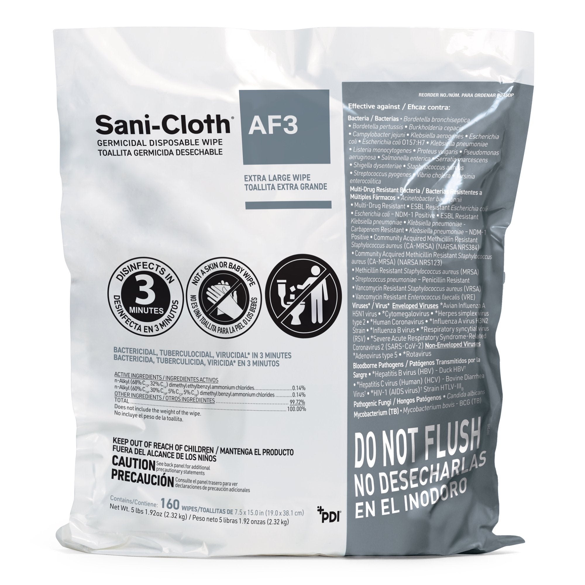 Sani-Cloth AF3 Germicidal Extra Large Disinfectant Wipes, Refill Bag, 160 ct.-Sani-Cloth AF3 Surface Disinfectant Cleaner Refill Premoistened Germicidal Manual Pull Wipe 160 Count Bag Mild Scent NonSterile