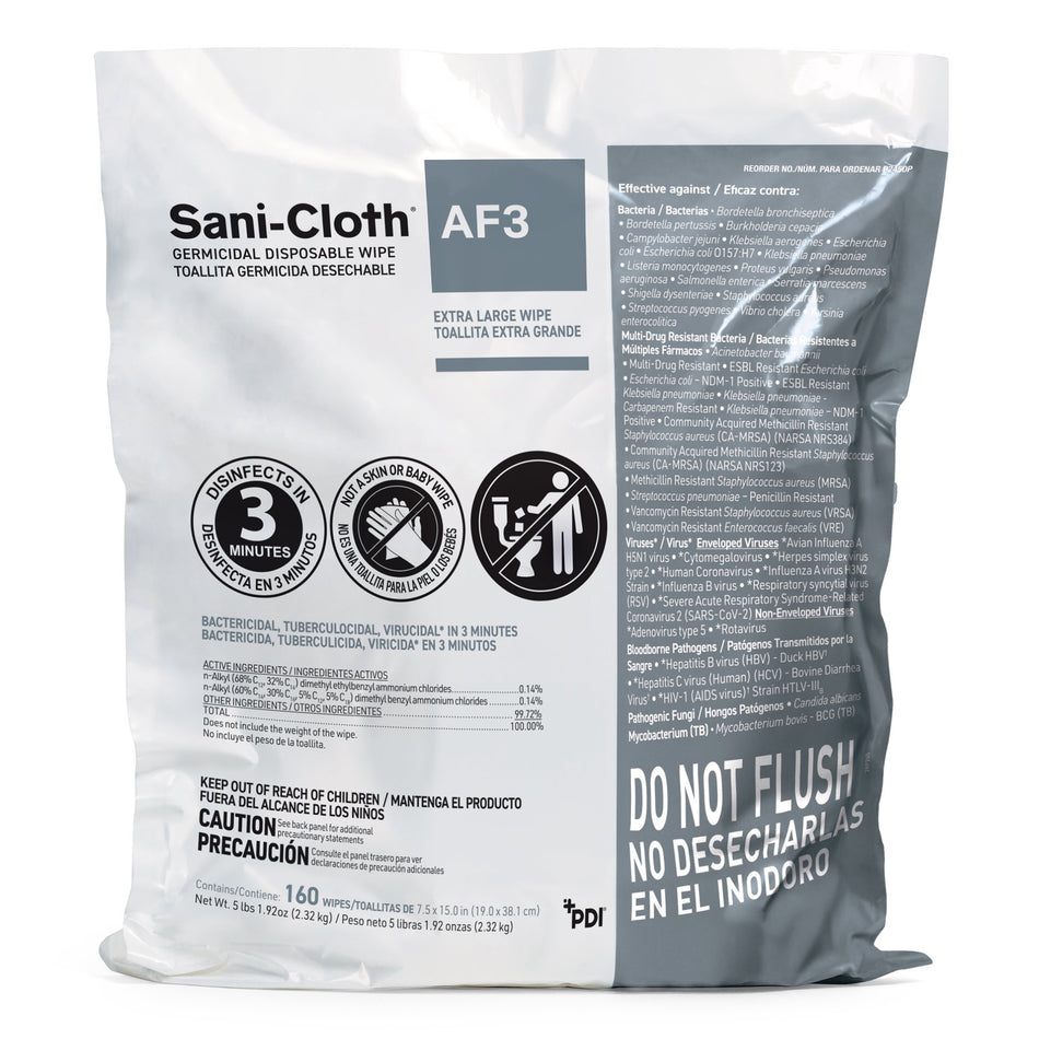 Sani-Cloth AF3 Germicidal Extra Large Disinfectant Wipes, Refill Bag, 160 ct.-Sani-Cloth AF3 Surface Disinfectant Cleaner Refill Premoistened Germicidal Manual Pull Wipe 160 Count Bag Mild Scent NonSterile
