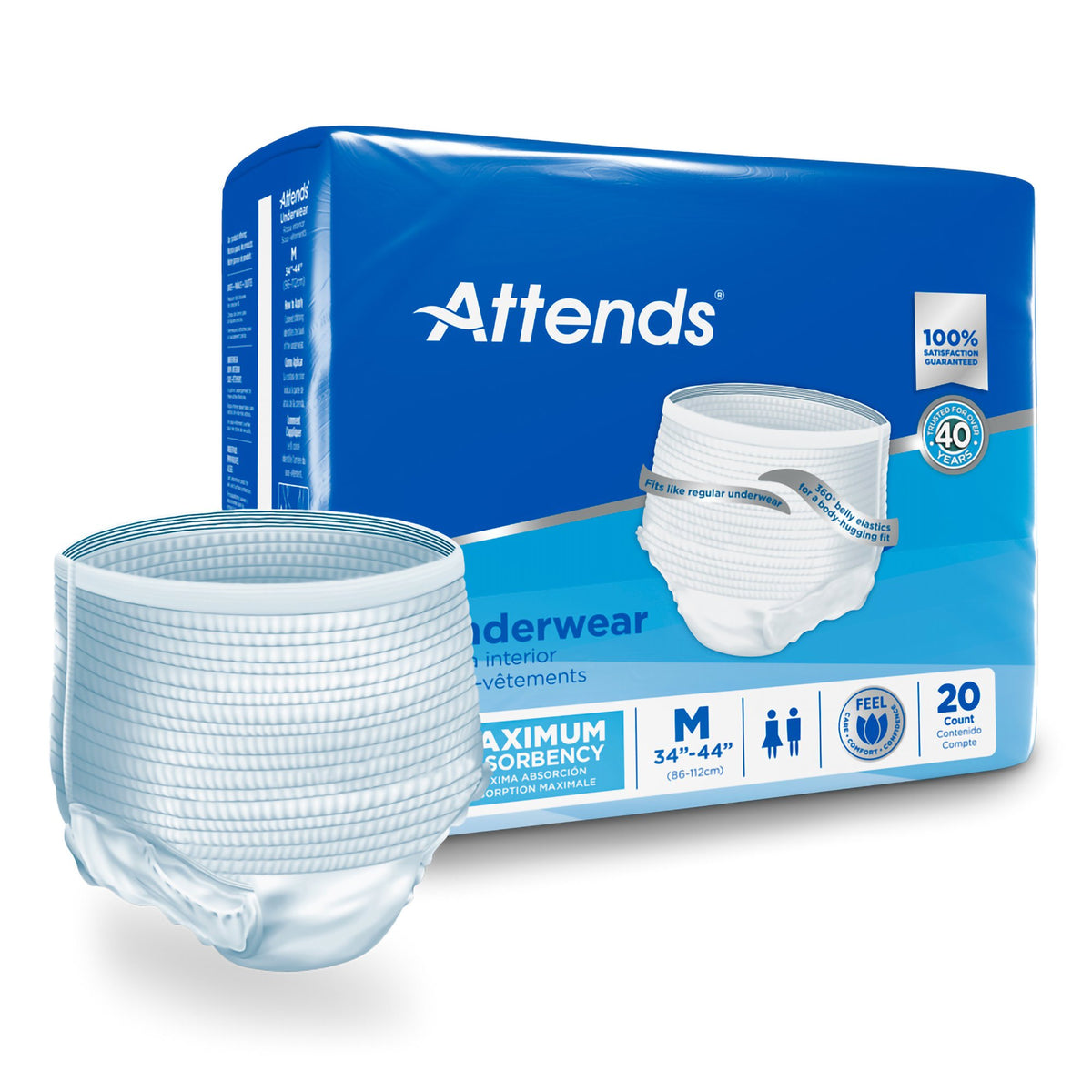 Attends Extra Absorbency Underwear, Medium-Unisex Adult Absorbent Underwear Attends Pull On with Tear Away Seams Medium Disposable Heavy Absorbency