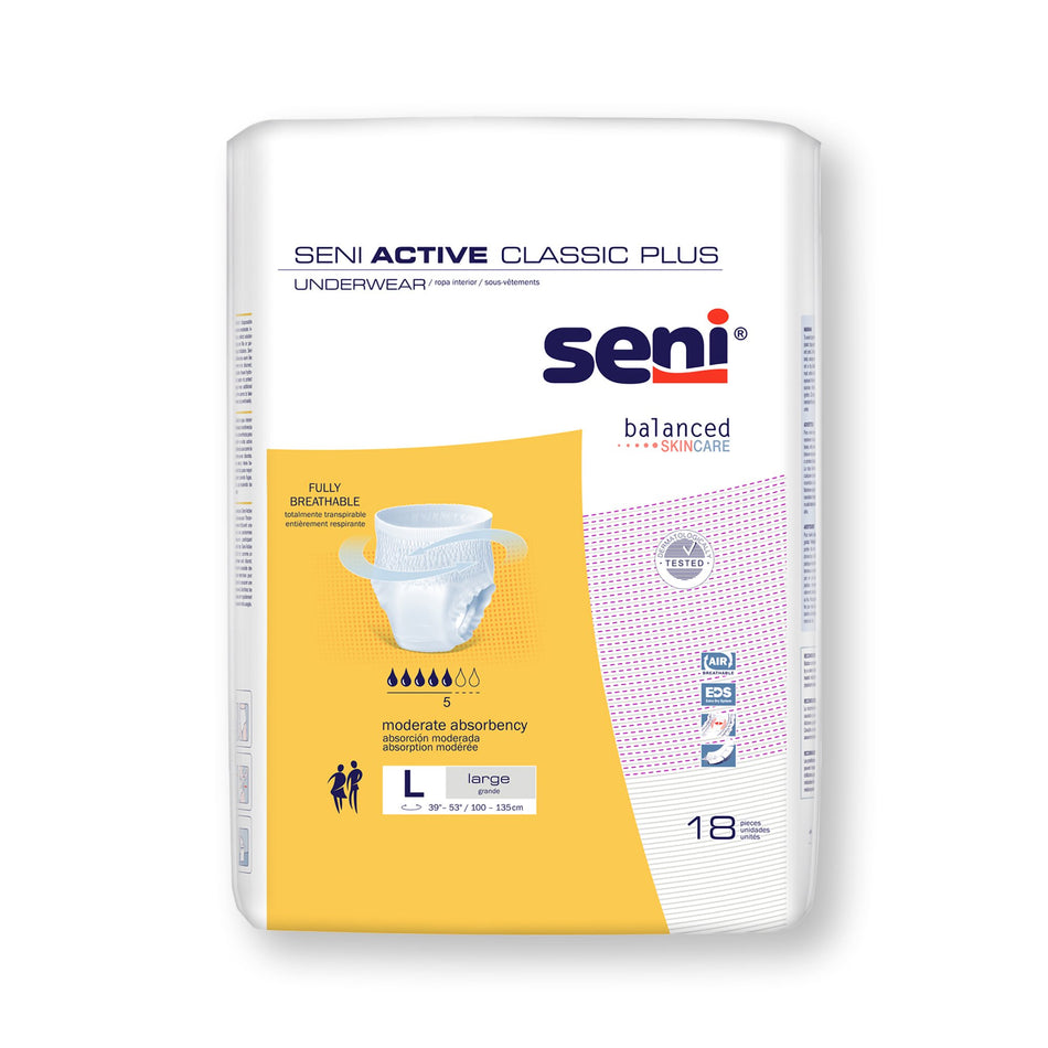 Seni Active Classic Plus Moderate Absorbent Underwear, Large-Unisex Adult Absorbent Underwear Seni Active Classic Plus Pull On with Tear Away Seams Large Disposable Moderate Absorbency