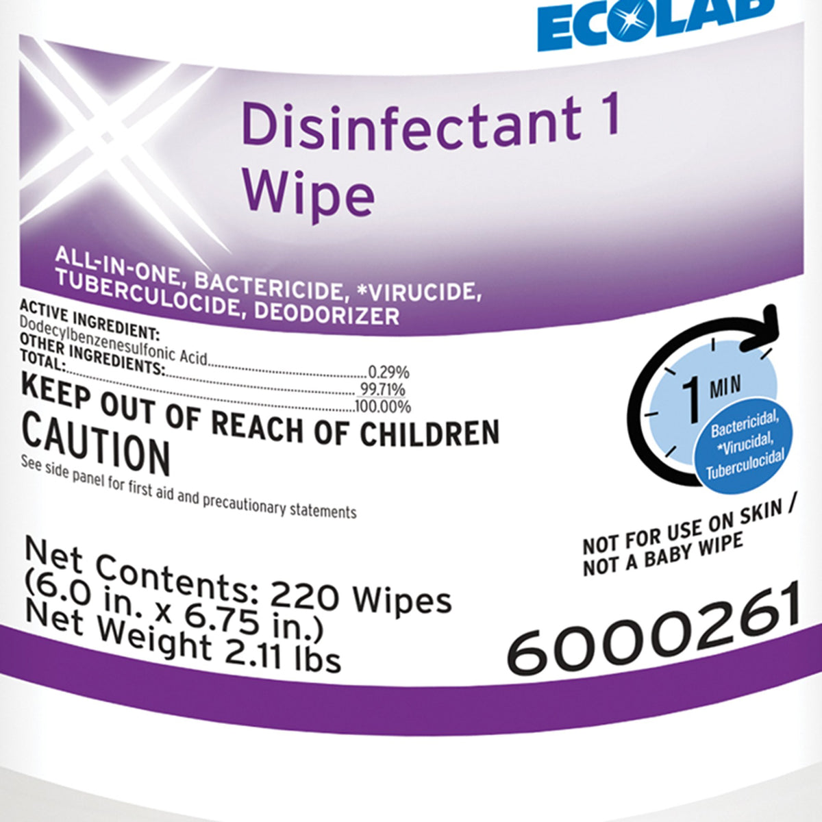 Ecolab Disinfectant 1 Surface Disinfectant Cleaner, 220 Wipes-Ecolab Disinfectant 1 Surface Disinfectant Cleaner Bactericidal Manual Pull Wipe 220 Count Canister Sweet Scent NonSterile