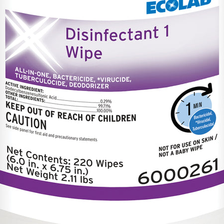 Ecolab Disinfectant 1 Surface Disinfectant Cleaner, 220 Wipes-Ecolab Disinfectant 1 Surface Disinfectant Cleaner Bactericidal Manual Pull Wipe 220 Count Canister Sweet Scent NonSterile