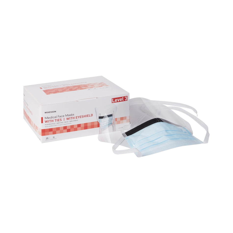 McKesson Surgical Mask with Eye Shield-Surgical Mask with Eye Shield McKesson Anti-fog ASTM Level 3 Tie Closure One Size Fits Most