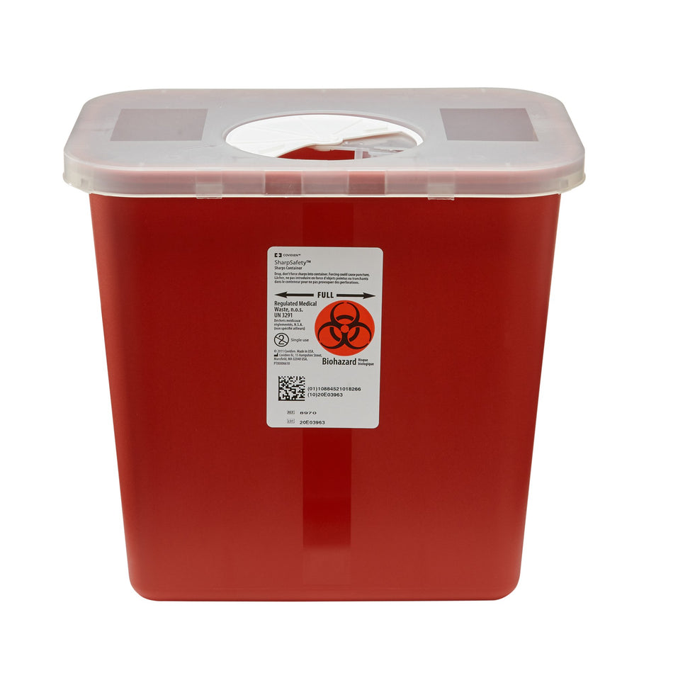SharpSafety Multi-purpose Sharps Container, 2 Gallon, 10 x 7 x 10 Inch-Sharps Container SharpSafety Red Base 10 H X 10-1/2 W X 7-1/4 D Inch Vertical Entry 2 Gallon