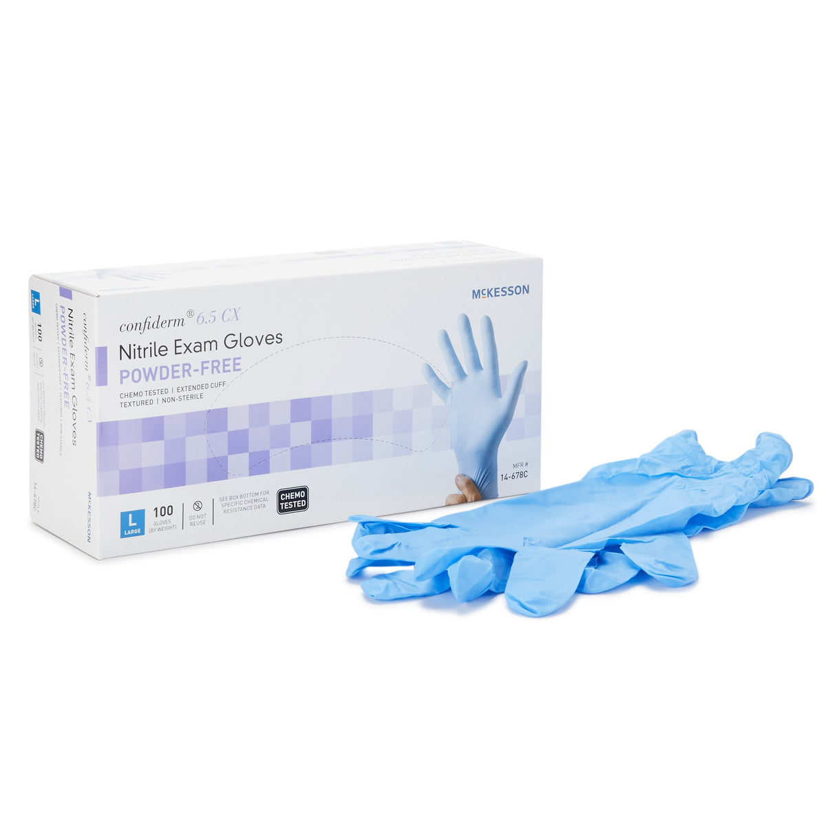 McKesson Confiderm 6.5CX Nitrile Extended Cuff Length Exam Glove, Large, Blue-Exam Glove McKesson Confiderm 6.5CX Large NonSterile Nitrile Extended Cuff Length Textured Fingertips Blue Chemo Tested
