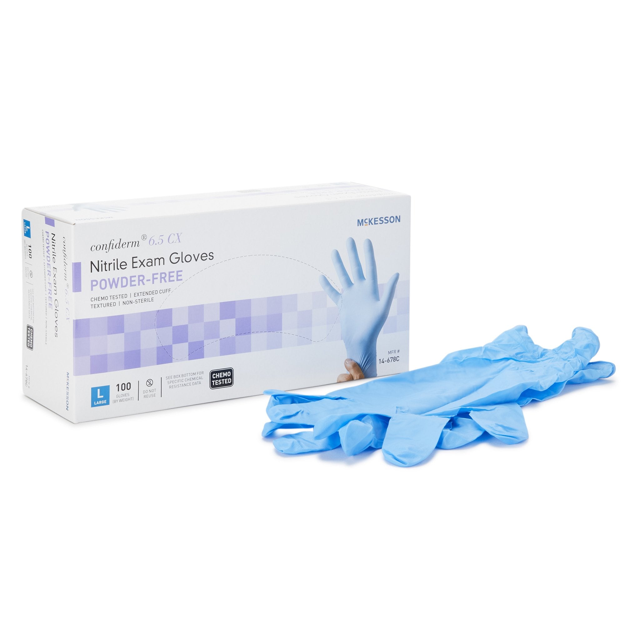 McKesson Confiderm 6.5CX Nitrile Extended Cuff Length Exam Glove, Large, Blue-Exam Glove McKesson Confiderm 6.5CX Large NonSterile Nitrile Extended Cuff Length Textured Fingertips Blue Chemo Tested