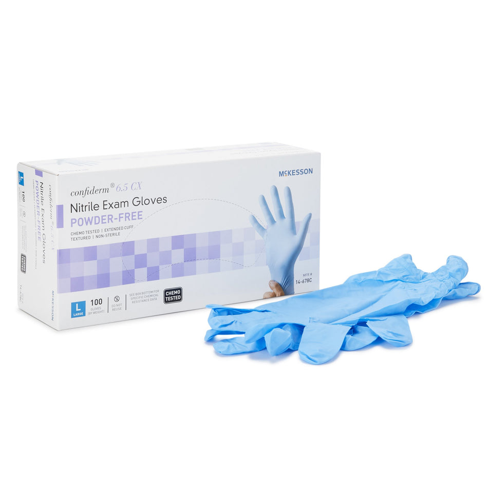 McKesson Confiderm 6.5CX Nitrile Extended Cuff Length Exam Glove, Large, Blue-Exam Glove McKesson Confiderm 6.5CX Large NonSterile Nitrile Extended Cuff Length Textured Fingertips Blue Chemo Tested
