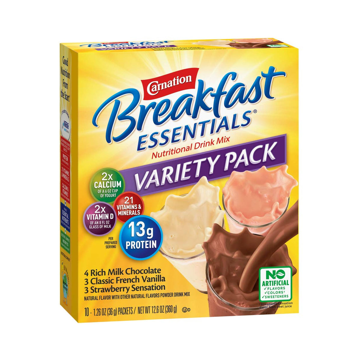 Carnation Breakfast Essentials Variety Nutritional Drink-Oral Supplement Carnation Breakfast Essentials Rich Milk Chocolate / Classic French Vanilla / Strawberry Sensation Flavor Powder 1.26 oz. Individual Packet