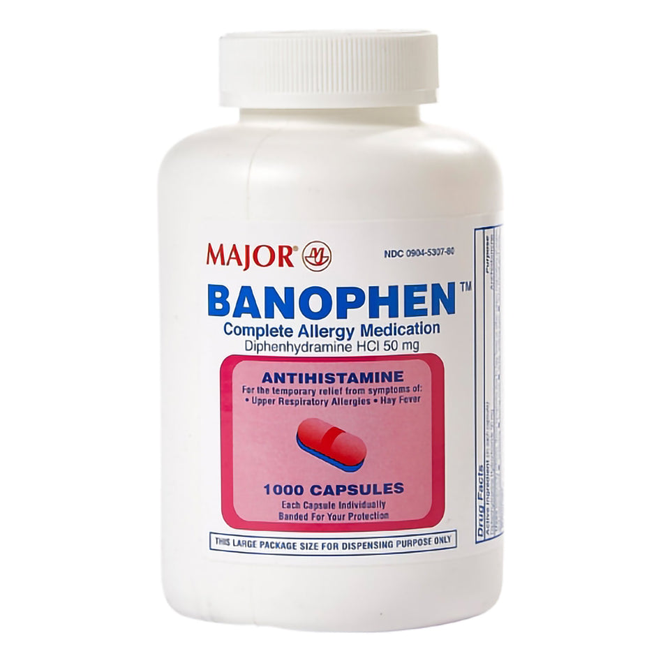 Major Banophen Diphenhydramine Allergy Relief-"Allergy Relief Banophen 50 mg Strength Capsule 1,000 per Bottle"