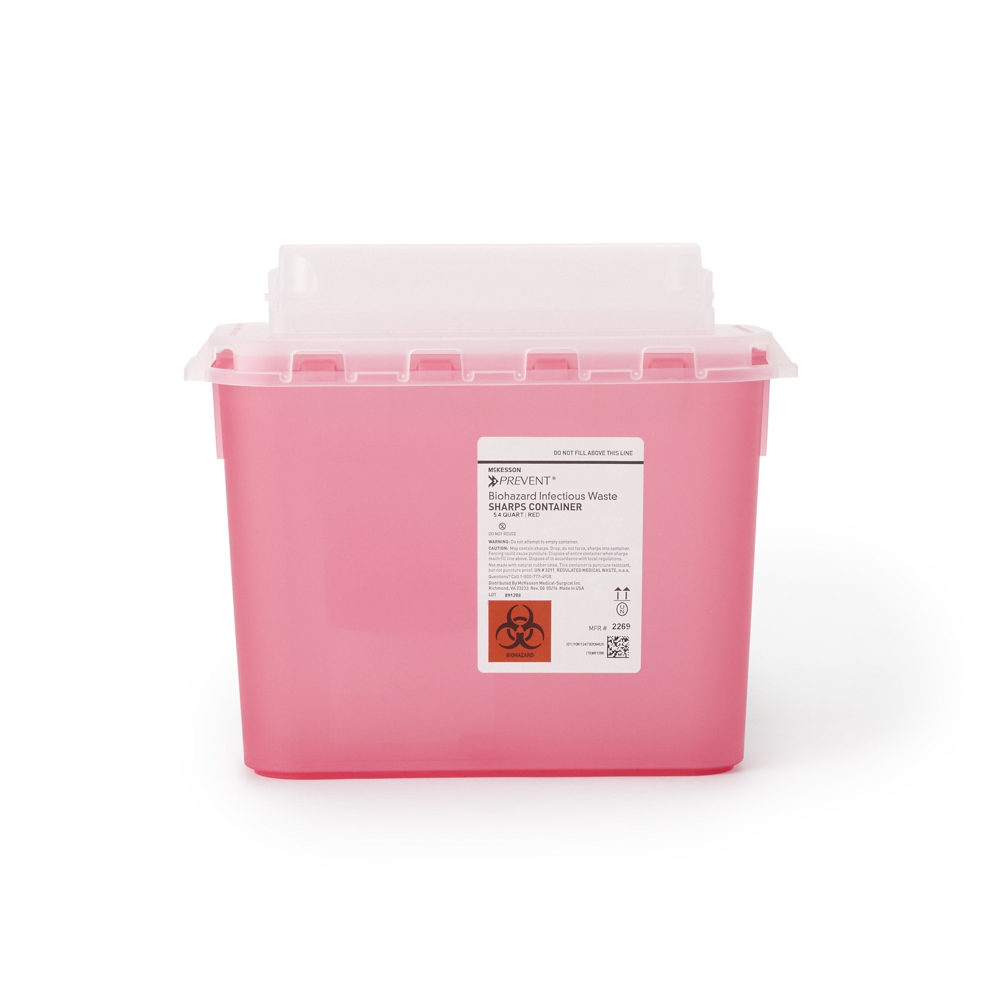 McKesson Prevent Two-Piece Sharps Container, 5.4 Quart, 11 x 12 x 4-3/4 Inch-Sharps Container McKesson Prevent Red Base 11 H X 12 W X 4-3/4 D Inch Horizontal Entry 1.35 Gallon