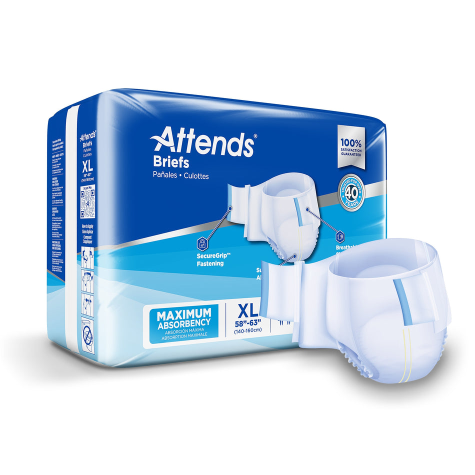 Attends Briefs, Adult, X-Large, Heavy Absorbency, Disposable, 58" to 63" Waist, White-Unisex Incontinence Brief Attends X-Large Disposable Heavy Absorbency