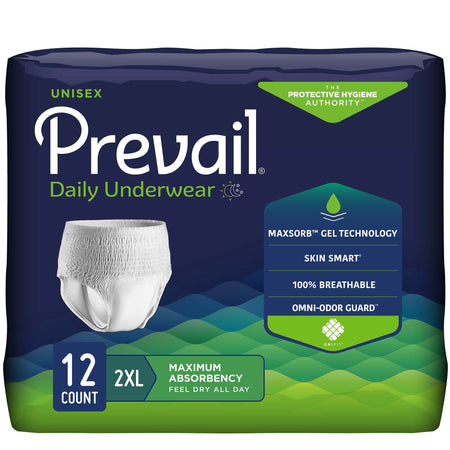 Prevail Daily Underwear Maximum Absorbent Underwear, 2X-Large-Unisex Adult Absorbent Underwear Prevail Daily Underwear Extra Pull On with Tear Away Seams 2X-Large Disposable Moderate Absorbency