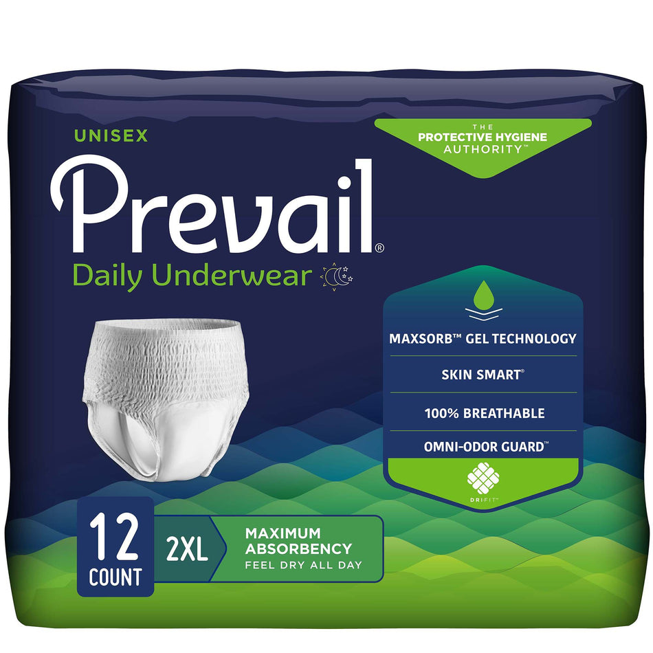 Prevail Daily Underwear Maximum Absorbent Underwear, 2X-Large-Unisex Adult Absorbent Underwear Prevail Daily Underwear Extra Pull On with Tear Away Seams 2X-Large Disposable Moderate Absorbency