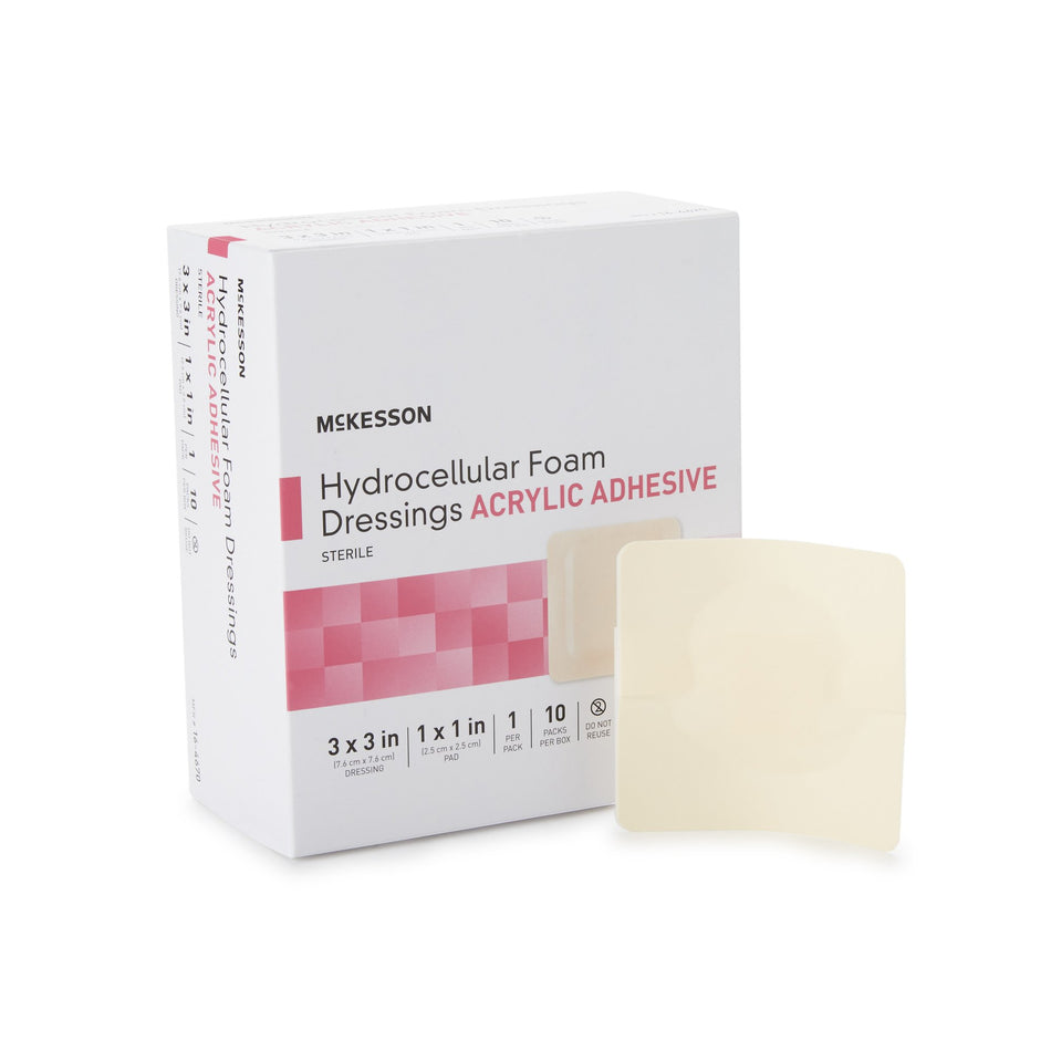 McKesson Adhesive Foam Dressing with Border, 3 x 3 Inch-Foam Dressing McKesson 3 X 3 Inch With Border Film Backing Acrylic Adhesive Square Sterile