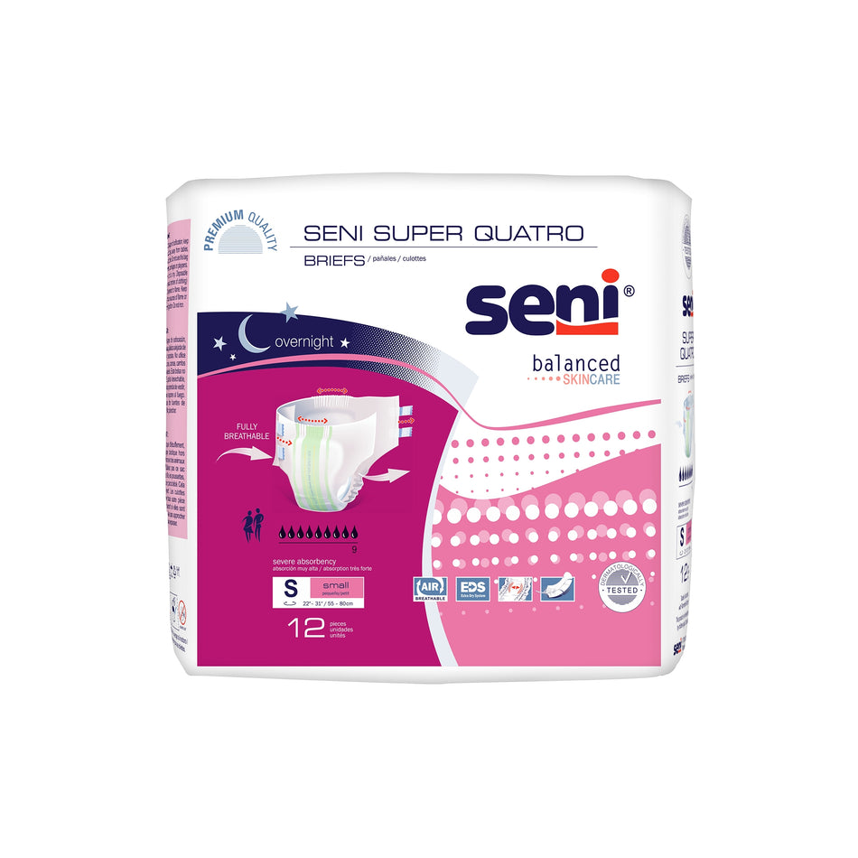 Seni Super Quatro Severe Absorbency Incontinence Brief, Small-Unisex Adult Incontinence Brief Seni Super Quatro Small Disposable Heavy Absorbency