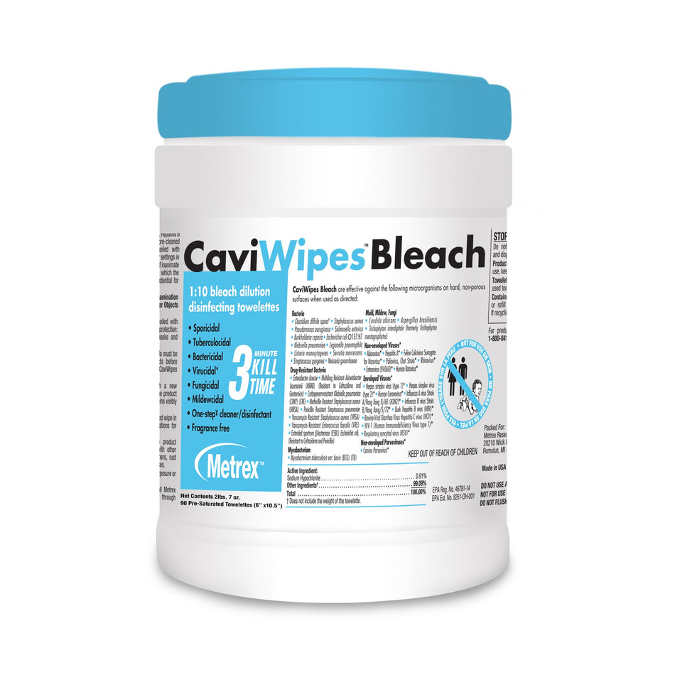 CaviWipes Bleach Disinfecting Wipes-CaviWipes Bleach Surface Disinfectant Cleaner Premoistened Manual Pull Wipe 90 Count Canister Bleach Scent NonSterile