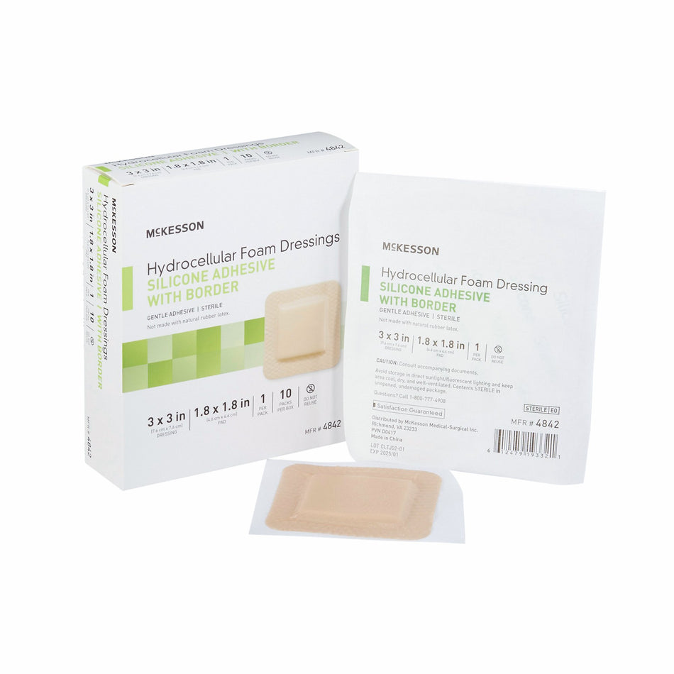McKesson Silicone Adhesive with Border Silicone Foam Dressing, 3 x 3 Inch-Foam Dressing McKesson 3 X 3 Inch With Border Film Backing Silicone Gel Adhesive Square Sterile