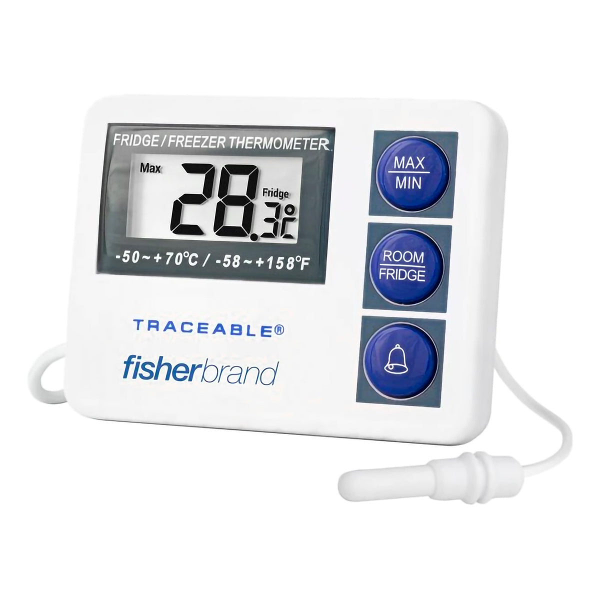 Fisher Scientific Refrigerator / Freezer / Room Thermometer-Digital Refrigerator / Freezer Thermometer with Alarm Fisherbrand Fahrenheit / Celsius -58 to +158F (-50 to +70C) External Probe Flip-out Stand / Wall Mount Battery Operated