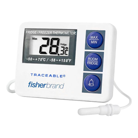 Fisher Scientific Refrigerator / Freezer / Room Thermometer-Digital Refrigerator / Freezer Thermometer with Alarm Fisherbrand Fahrenheit / Celsius -58 to +158F (-50 to +70C) External Probe Flip-out Stand / Wall Mount Battery Operated