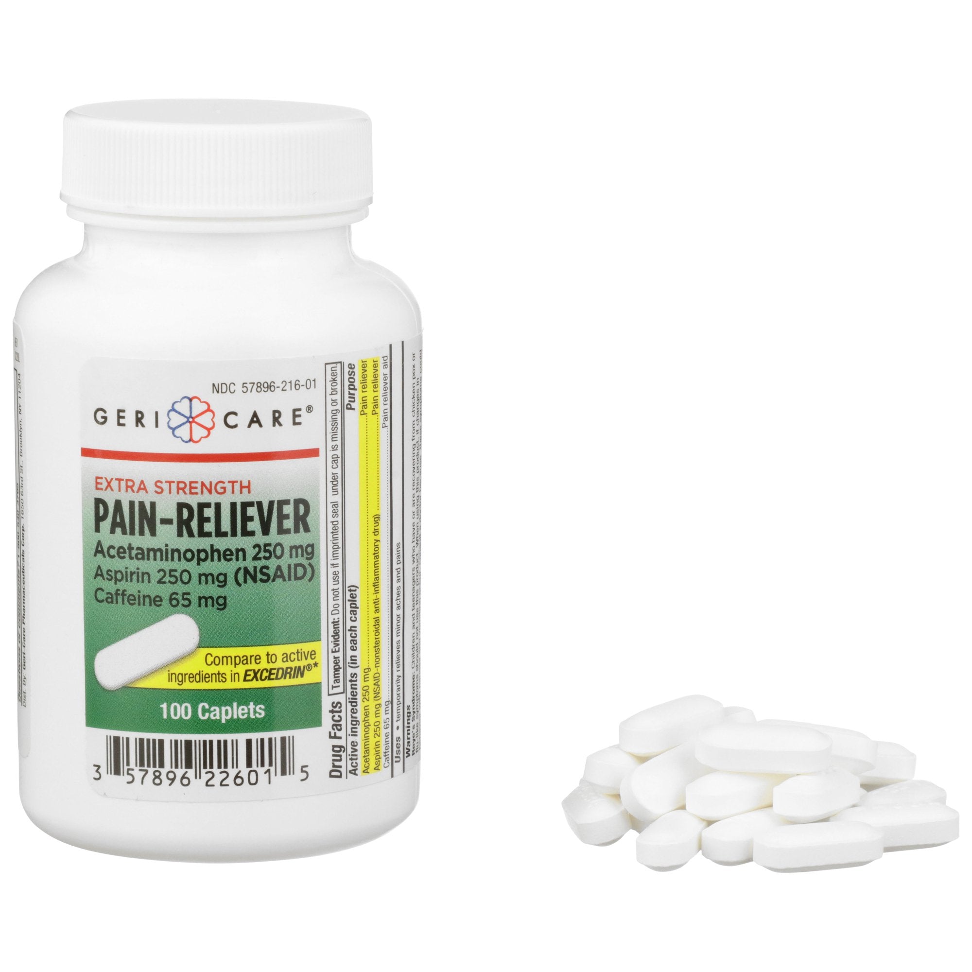 Geri-Care Acetaminophen / Aspirin / Caffeine Pain Relief-Pain Relief McKesson Brand 250 mg - 250 mg - 65 mg Strength Acetaminophen / Aspirin / Caffeine Caplet 100 per Bottle
