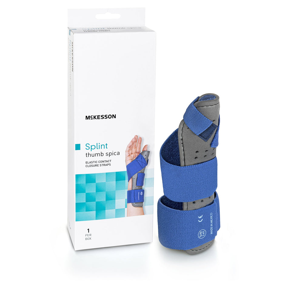 McKesson Left Thumb Splint, Small / Medium-Wrist Splint with Thumb Spica McKesson Thumb Spica Nylon / Cotton-Terry / Foam / Elastic / Spandex Left Hand Blue / Gray Small / Medium