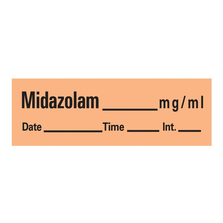 Timemed Anesthesia Label Tape, Midazolam, 1/2 x 1-1/2 Inch-Drug Label Timemed Anesthesia Label Midazolam_mg/mL Date_Time_Int._ Orange 1/2 X 1-1/2 Inch