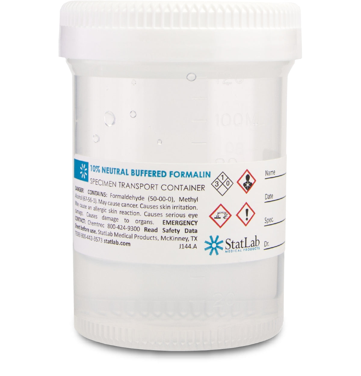 StatClick Prefilled Formalin Container, 60 mL Fill in 120 mL-Prefilled Formalin Container StatClick 60 mL Fill in 120 mL (4 oz.) Screw Cap Warning Label NonSterile