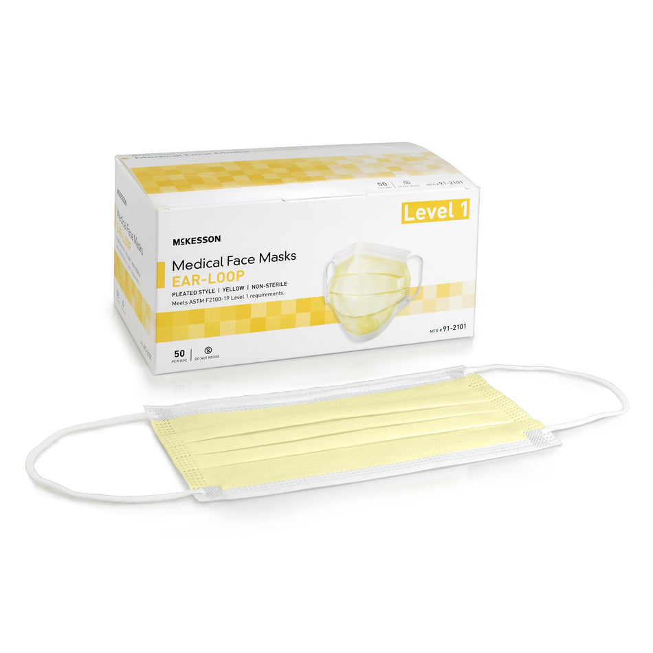 McKesson ASTM Level 1 Medical Face Masks, Yellow-Procedure Mask McKesson ASTM Level 1 Earloops One Size Fits Most