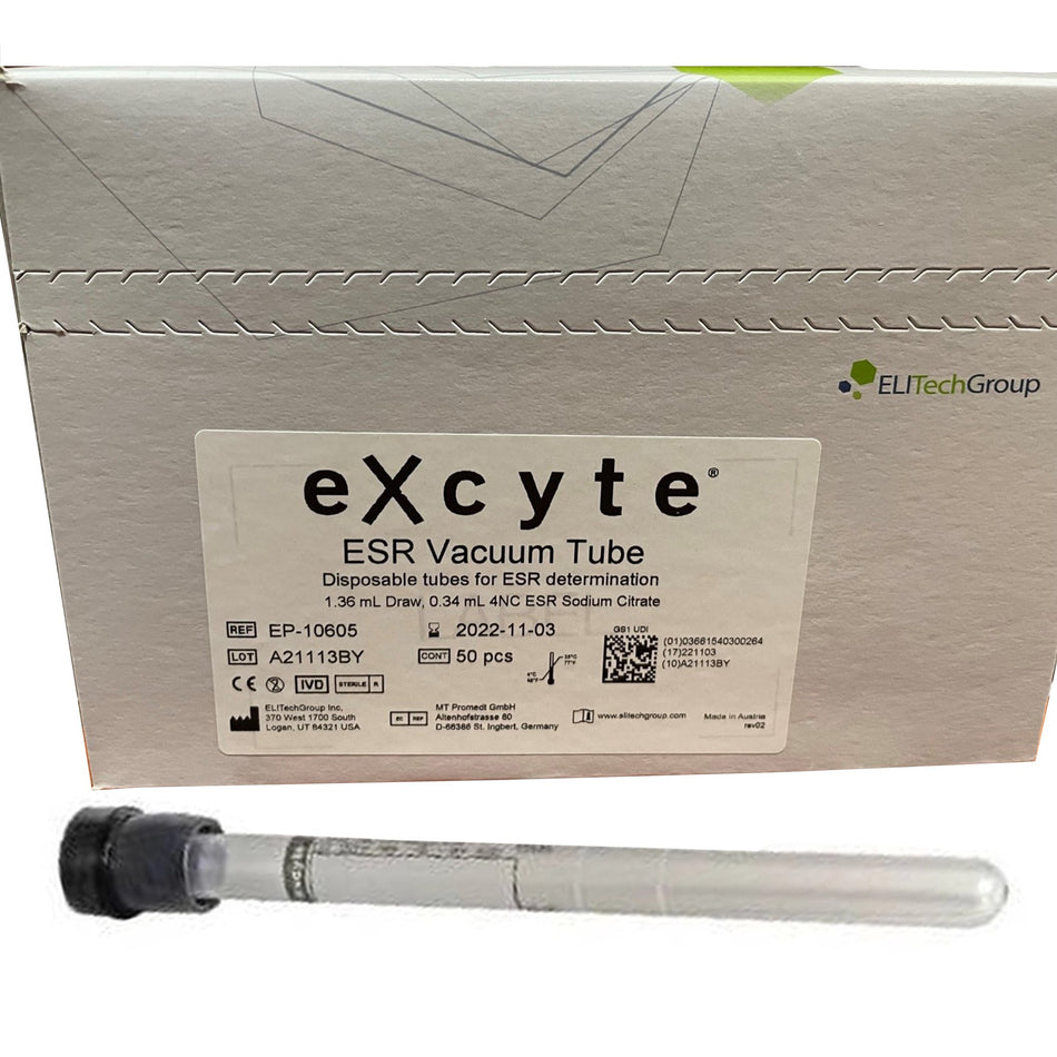 Excyte Vacuum Tube Venous Blood Collection Tube, 1.36 mL, 120 mm Length-Excyte Vacuum Tube Venous Blood Collection Tube Sodium Citrate Additive 1.36 mL Conventional Closure Plastic Tube